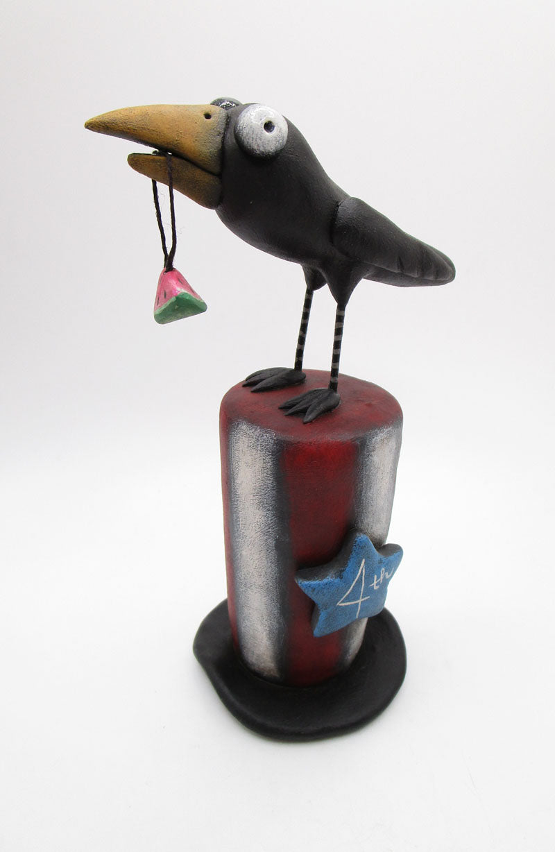 Americana folk art 4th of July Crow standing on Uncle Sam top hat