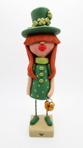 SPRING St Patrick day red head Irish girl with lucky four leaf clover charm - misc