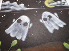 Halloween folk art acrylic painting featuring two cute ghosts