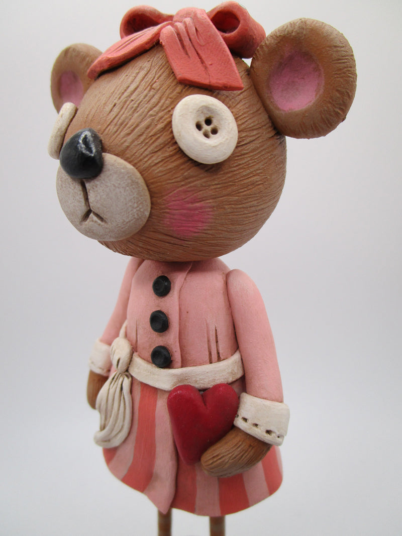 Valentine BEAR tall with button eyes and dress with wooden legs