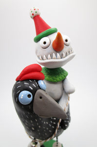 Christmas folk art creepy snowman riding a chicken "jingle all the way"