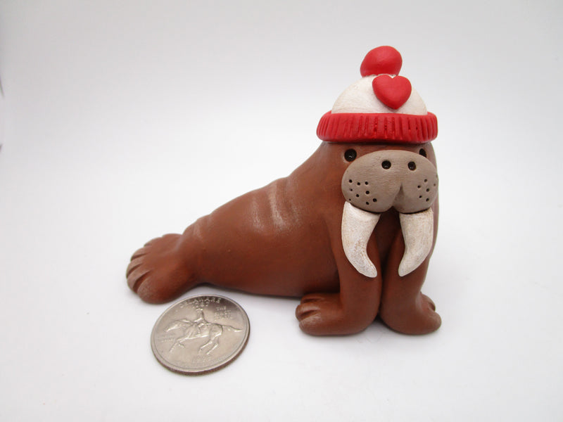 Valentine LOVE walrus with heart beanie – pumpkinseeds folk art by