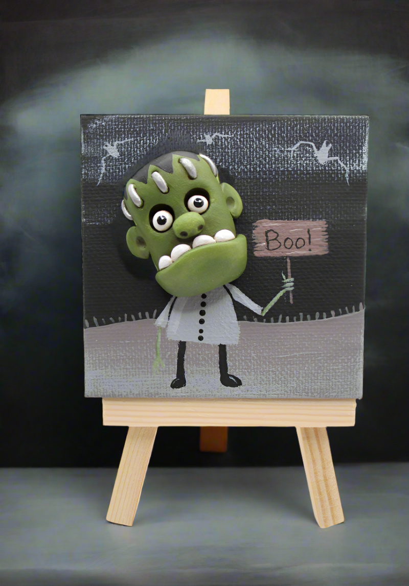 Halloween folk art 3 x 3 inch painting mixed media Frankenstein character