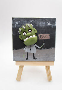 Halloween folk art 3 x 3 inch painting mixed media Frankenstein character