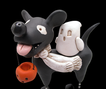 Halloween black dog with ghost tag along and pumpkin bucket