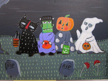 Halloween folk art painting trick or treaters with spooky tree and bat