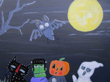 Halloween folk art painting trick or treaters with spooky tree and bat