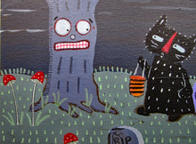 Halloween folk art painting trick or treaters with spooky tree and bat
