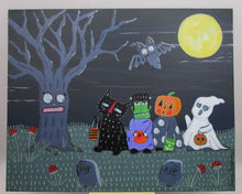 Halloween folk art painting trick or treaters with spooky tree and bat