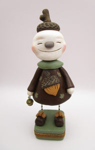 Christmas folk art "Acorn" snowman snow girl with brass acorn charm