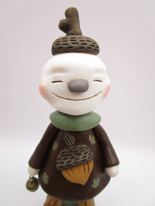Christmas folk art "Acorn" snowman snow girl with brass acorn charm