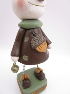 Christmas folk art "Acorn" snowman snow girl with brass acorn charm