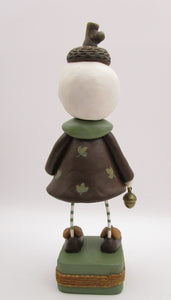 Christmas folk art "Acorn" snowman snow girl with brass acorn charm