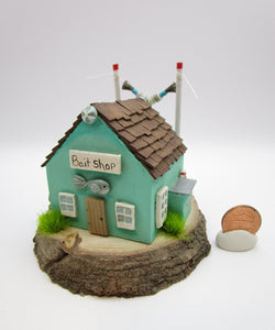 Summer folk art Ocean wood "Bait house" with beads and fish charm