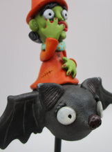 Halloween folk art witch riding a bat PREMIER