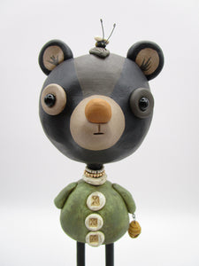 Spring folk art BEAR with bee and hive 7.25 inches tall