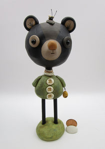 Spring folk art BEAR with bee and hive 7.25 inches tall