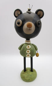 Spring folk art BEAR with bee and hive 7.25 inches tall