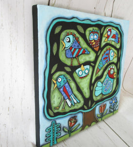 Folk art painting with birds tree 12 x 12 size ready to hang