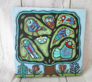 Folk art painting with birds tree 12 x 12 size ready to hang