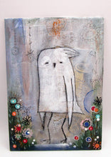 Original painting acrylic collage mixed media painting BIRD with flowers and doodles
