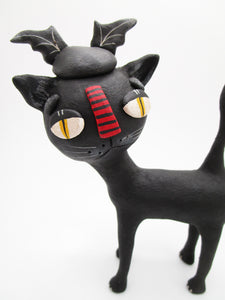 Halloween folk art Black Cat with Bat Hat