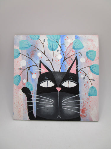 Black cat folk art painting with florals