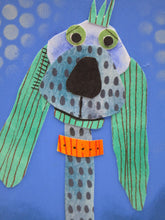 Wood ACEO blue dog watercolor mixed media collage style