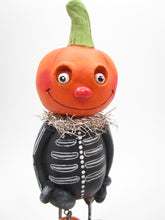 Halloween folk art Pumpkin man with bone suit and special charm PAPER CLAY