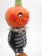 Halloween folk art Pumpkin man with bone suit and special charm PAPER CLAY