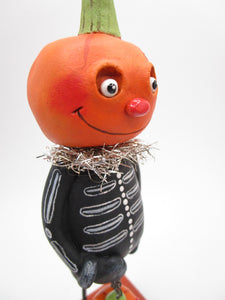 Halloween folk art Pumpkin man with bone suit and special charm PAPER CLAY