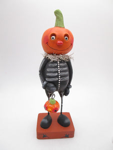 Halloween folk art Pumpkin man with bone suit and special charm PAPER CLAY