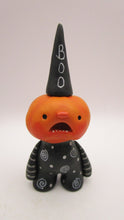Halloween folk art little Pumpkin man "BOO" in black