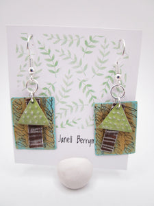Earrings recycled repurposed aluminum tin greens and browns - misc