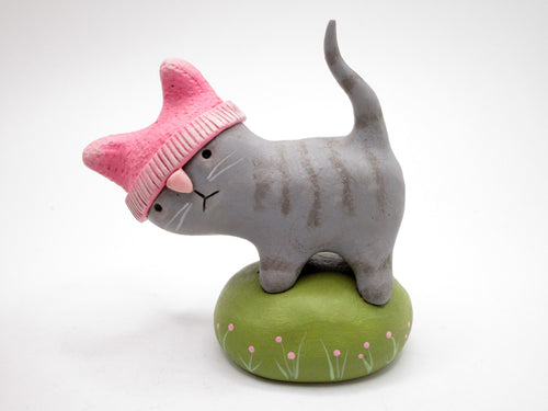 Cat grey with pink hat woman strong misc