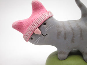 Cat grey with pink hat woman strong misc