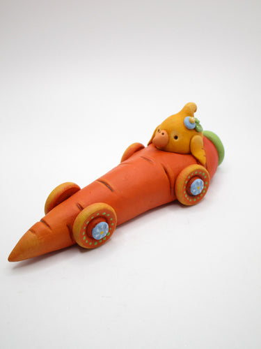 Easter Spring folk art yellow chick riding in carrot car