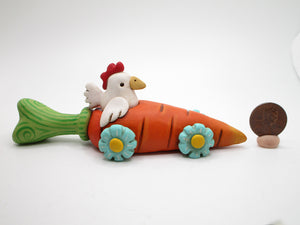 Easter Spring folk art chicken riding in carrot car