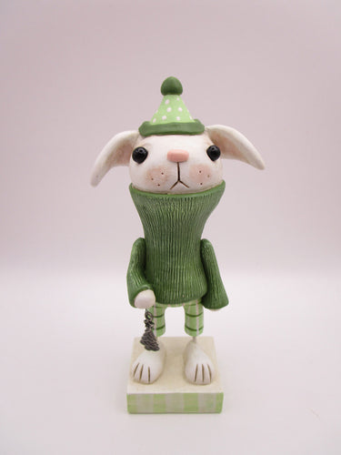 Christmas folk art adorable snow bunny with tree charm