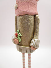 Christmas folk art girl in champagne shimmer sweater with wood legs