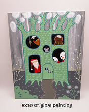 Christmas folk art painting featuring tree with friends peeking out windows original art