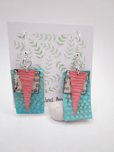 Earrings recycled repurposed aluminum tin teal and coral with vintage paper - misc