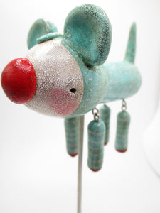 Fine crackle teal four legged creature red nose wacky character