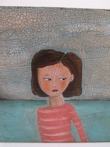 Art block painting of a girl 4x4x1 wood with fine crackle finish