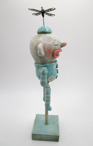 Fine crackle antiqued teal man with "spinner" hat wacky character
