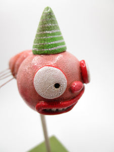 Fine crackle peach and red insect like with hat wacky character spring folk art
