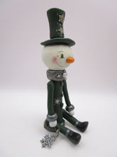 Christmas folk art articulated SNOWMAN steampunk flair dark green color
