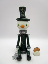 Christmas folk art articulated SNOWMAN steampunk flair dark green color