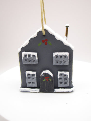 Christmas wood house ornament dark grey with snow trim