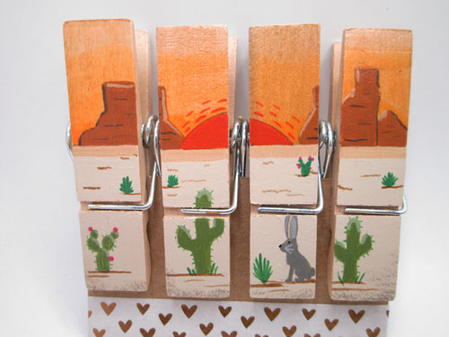 DESERT scene clothes pin CLIPS set of 4 with cactus and jack rabbit GREAT GIFT - MISC